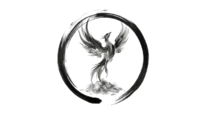 Minimalistische schwarze Tuschezeichnung eines Phönix, der aus einem Aschehaufen emporsteigt, eingebettet in einen traditionellen Zen-Enso-Kreis auf weißem Hintergrund.