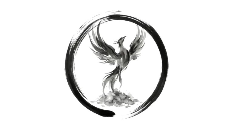 Minimalistische schwarze Tuschezeichnung eines Phönix, der aus einem Aschehaufen emporsteigt, eingebettet in einen traditionellen Zen-Enso-Kreis auf weißem Hintergrund.