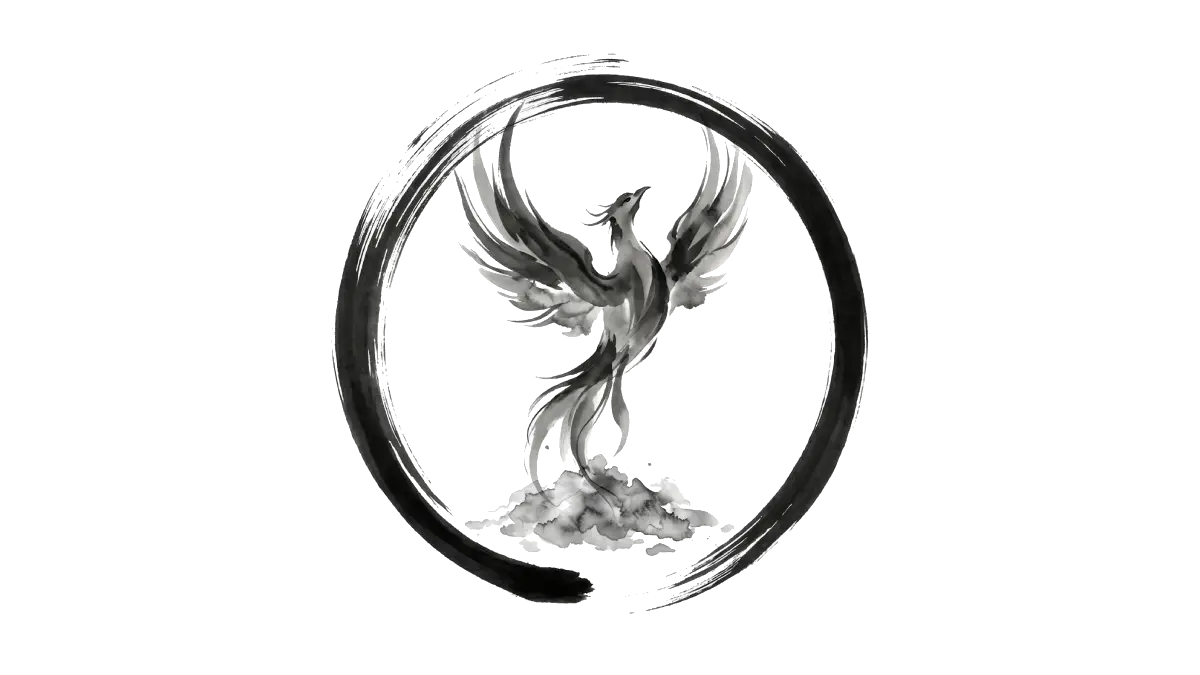 Minimalistische schwarze Tuschezeichnung eines Phönix, der aus einem Aschehaufen emporsteigt, eingebettet in einen traditionellen Zen-Enso-Kreis auf weißem Hintergrund.