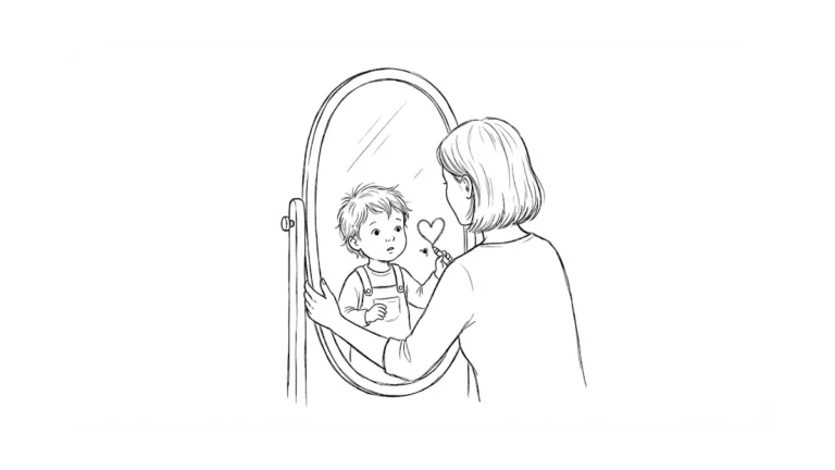 Strichzeichnung: Eine erwachsene Frau blickt in einen großen Spiegel, der nicht sie selbst, sondern ein Kleinkind reflektiert, das ein Herz auf die Spiegeloberfläche malt. Symbolbild für das innere Kind und den unvoreingenommenen 'leeren Spiegel' im Zen.