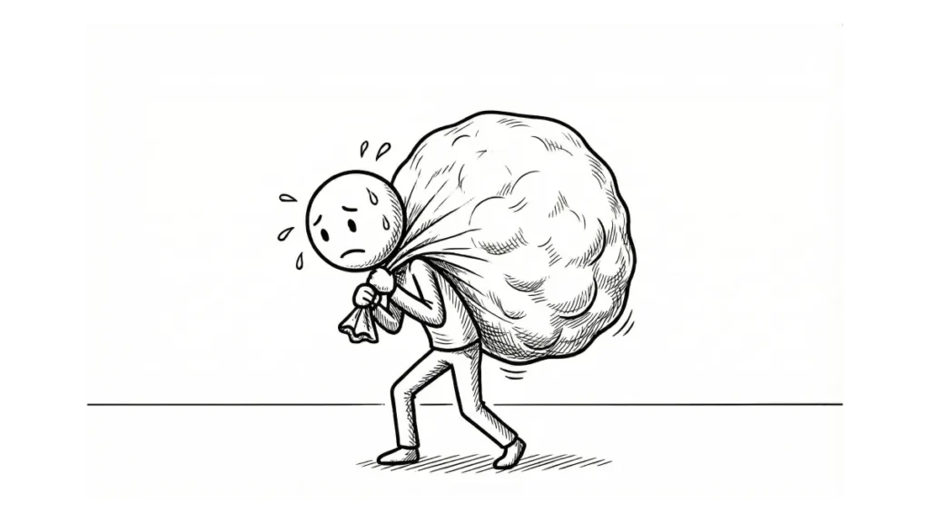 Schwarz-Weiß-Zeichnung eines schwitzenden Strichmännchens, das unter einem riesigen, schweren Sack leidet. Die Illustration symbolisiert den mentalen Ballast, Leistungsdruck und unverarbeitete Erfahrungen, die im Text als Last beschrieben werden.