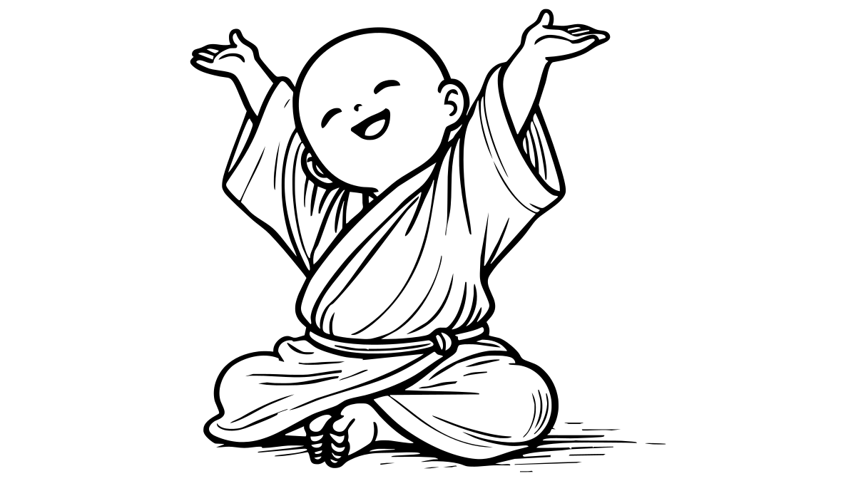 Zeichnung eines lachenden Zen-Mönchs mit ausgebreiteten Armen – Symbol für Gelassenheit und Lebensfreude