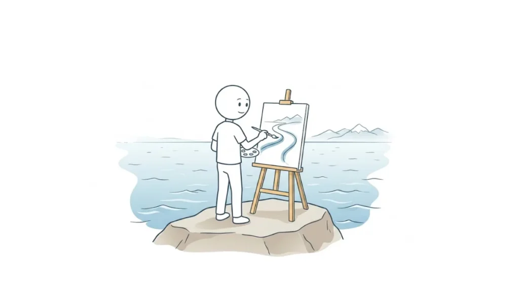 Eine einfache Figur steht auf einem Felsen am Meer und malt konzentriert ihren eigenen Lebensweg auf eine Leinwand.
