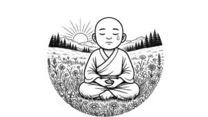 Eine friedliche Illustration eines kleinen Zen-Mönchs, der bei Sonnenaufgang auf einer Blumenwiese meditiert. Eine einzelne Träne auf seiner Wange symbolisiert die Akzeptanz von Traurigkeit und das Prinzip Genjokoan.