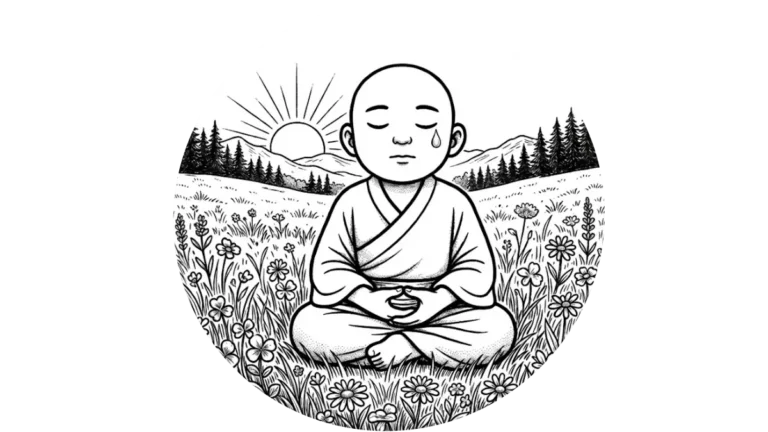 Eine friedliche Illustration eines kleinen Zen-Mönchs, der bei Sonnenaufgang auf einer Blumenwiese meditiert. Eine einzelne Träne auf seiner Wange symbolisiert die Akzeptanz von Traurigkeit und das Prinzip Genjokoan.