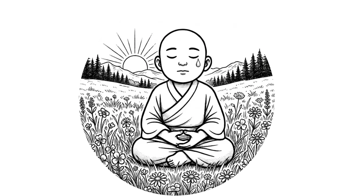 Eine friedliche Illustration eines kleinen Zen-Mönchs, der bei Sonnenaufgang auf einer Blumenwiese meditiert. Eine einzelne Träne auf seiner Wange symbolisiert die Akzeptanz von Traurigkeit und das Prinzip Genjokoan.