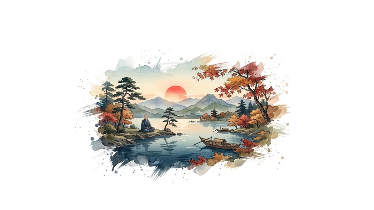 Malerische japanische Aquarell-Landschaft im Herbst mit einer Person in Zazen-Meditation am ruhigen See vor Bergen bei Sonnenuntergang.
