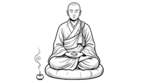 Illustration von Zen-Meister Dogen bei der Zazen-Meditation mit einer Räucherschale. Ein Symbol für das Meditieren ohne Ziel im Kontrast zum ständigen Stress durch Selbstoptimierung.