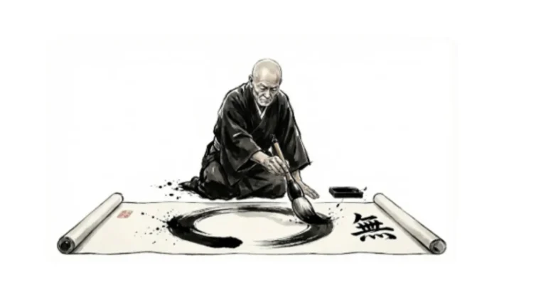 Ein älterer Zen-Meister in schwarzem Kimono kniet auf dem Boden und malt mit einem großen Pinsel und schwarzer Tusche einen unperfekten Enso-Kreis auf eine Papierrolle.