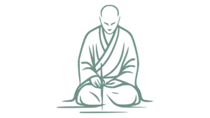Strichzeichnung eines knienden Zen-Meisters, der im Moment der Konzentration einen Pinsel hält. Symbol für das Loslassen von Perfektionismus im kreativen Prozess.