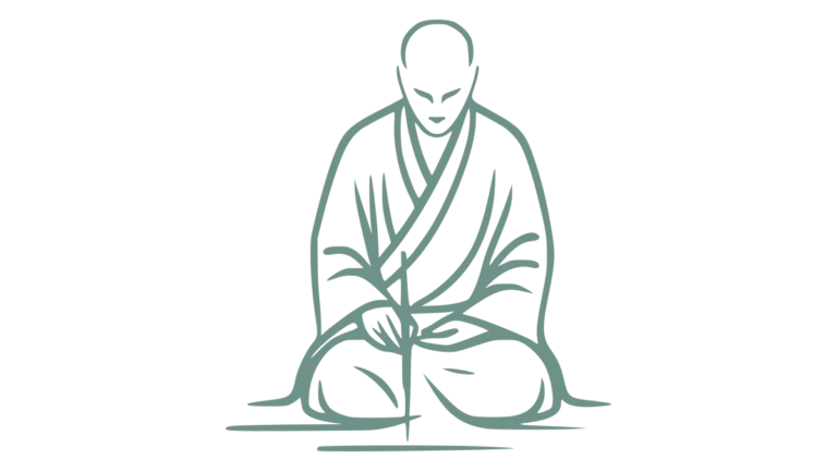 Strichzeichnung eines knienden Zen-Meisters, der im Moment der Konzentration einen Pinsel hält. Symbol für das Loslassen von Perfektionismus im kreativen Prozess.