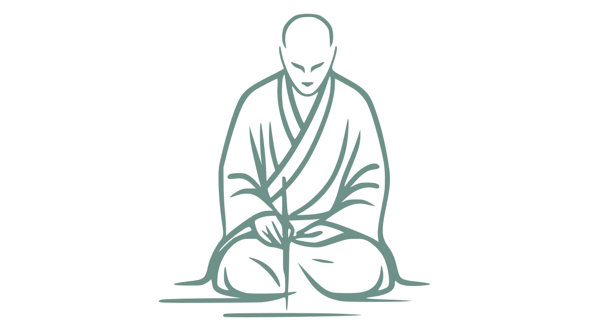 Strichzeichnung eines knienden Zen-Meisters, der im Moment der Konzentration einen Pinsel hält. Symbol für das Loslassen von Perfektionismus im kreativen Prozess.