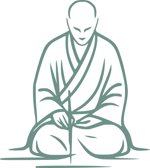 Strichzeichnung eines knienden Zen-Meisters, der im Moment der Konzentration einen Pinsel hält. Symbol für das Loslassen von Perfektionismus im kreativen Prozess.
