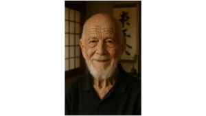 KI-generiertes Porträt des Zen-Meisters Rients Ritskes als freundlich lächelnder Hundertjähriger mit weißem Bart in einem Raum im japanischen Stil.