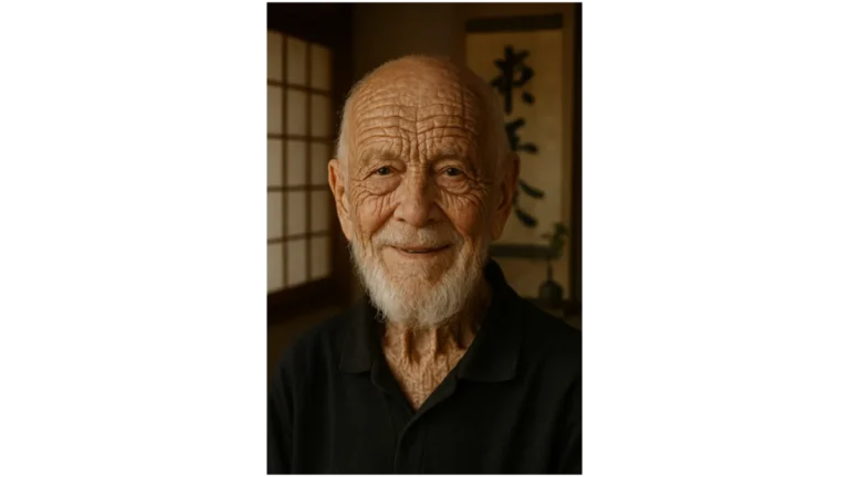 KI-generiertes Porträt des Zen-Meisters Rients Ritskes als freundlich lächelnder Hundertjähriger mit weißem Bart in einem Raum im japanischen Stil.