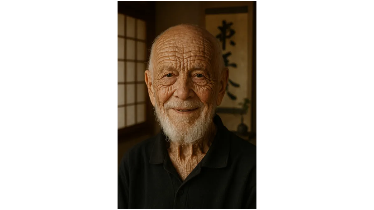 KI-generiertes Porträt des Zen-Meisters Rients Ritskes als freundlich lächelnder Hundertjähriger mit weißem Bart in einem Raum im japanischen Stil.