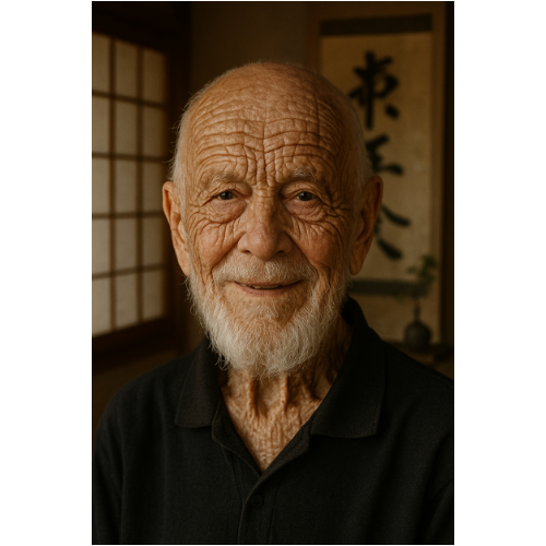 KI-generiertes Porträt des Zen-Meisters Rients Ritskes als freundlich lächelnder Hundertjähriger mit weißem Bart in einem Raum im japanischen Stil.
