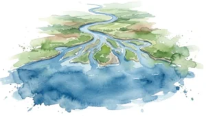 Aquarell-Illustration eines Flusses, der durch ein Delta in den Ozean mündet – Sinnbild für Form und Freiheit im Buddhas Mittelweg.