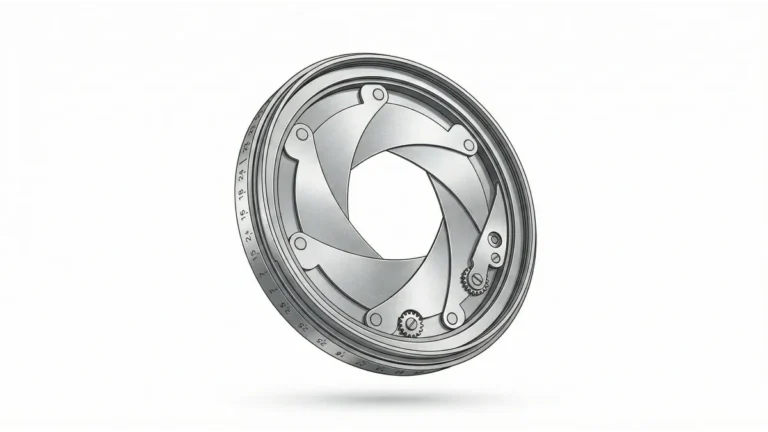 Illustration einer mechanischen Kamera-Blende aus Metall. Sie symbolisiert den Fokus in der Zen-Praxis nach John Daido Loori: achtsames Beobachten des Jetzt ohne Selbstkritik, während man sich gleichzeitig auf das gewünschte Selbst ausrichtet.