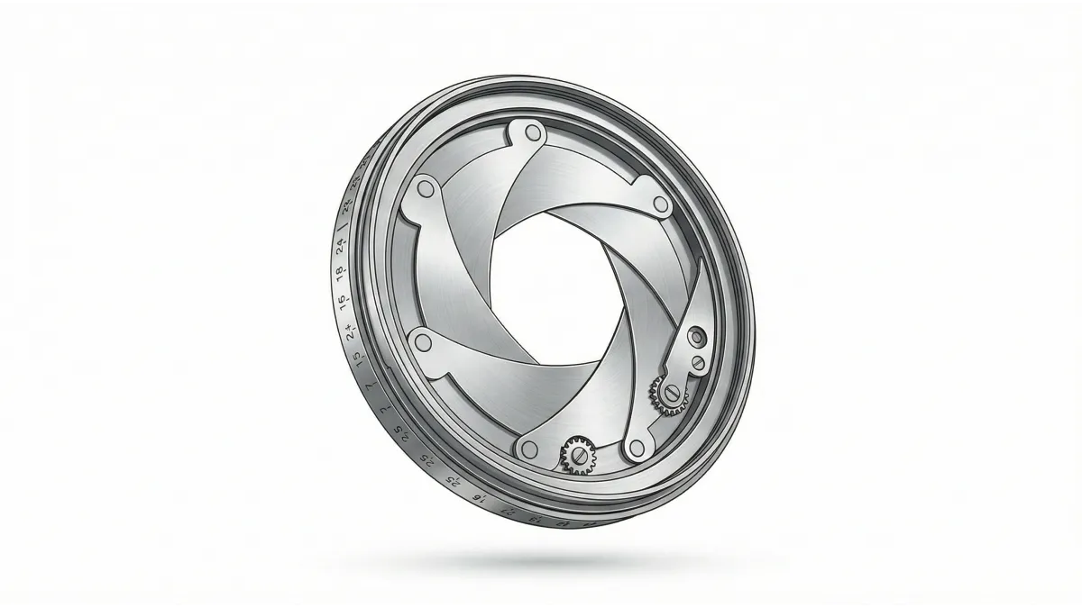 Illustration einer mechanischen Kamera-Blende aus Metall. Sie symbolisiert den Fokus in der Zen-Praxis nach John Daido Loori: achtsames Beobachten des Jetzt ohne Selbstkritik, während man sich gleichzeitig auf das gewünschte Selbst ausrichtet.