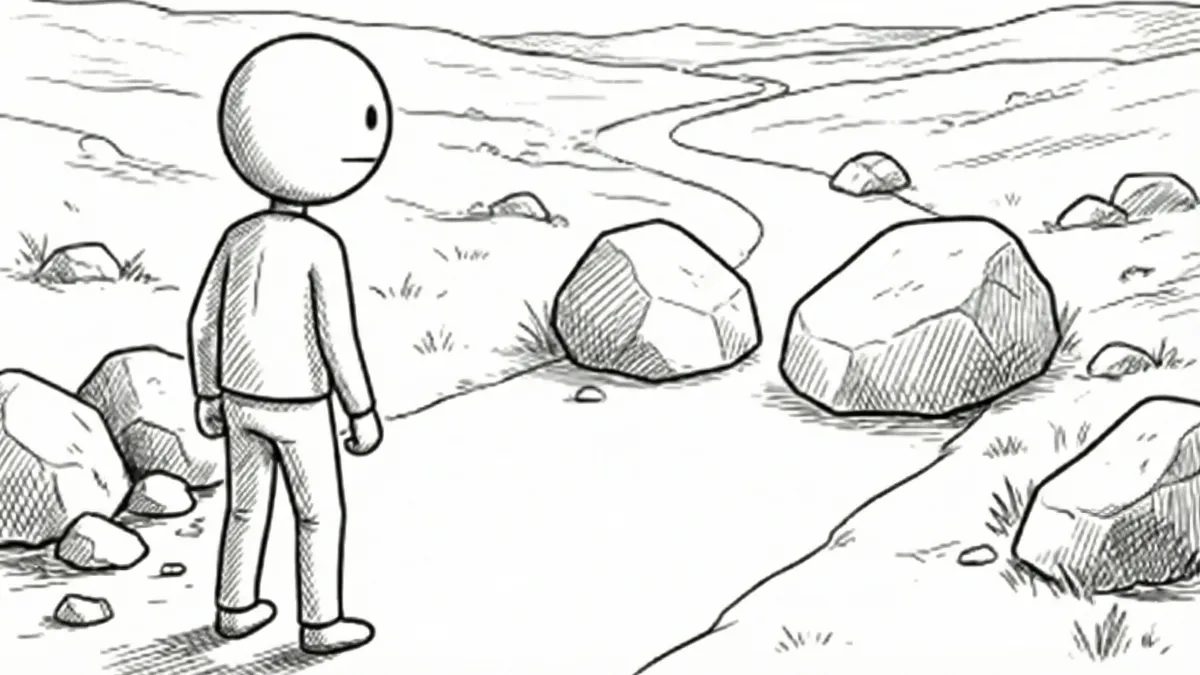 Schwarz-Weiß-Illustration eines Strichmännchens, das vor zwei großen Felsbrocken steht, die seinen Weg blockieren. Das Bild symbolisiert die Zen-Praxis der radikalen Akzeptanz (Arugamama) gegenüber unvermeidbaren Hindernissen im Leben.