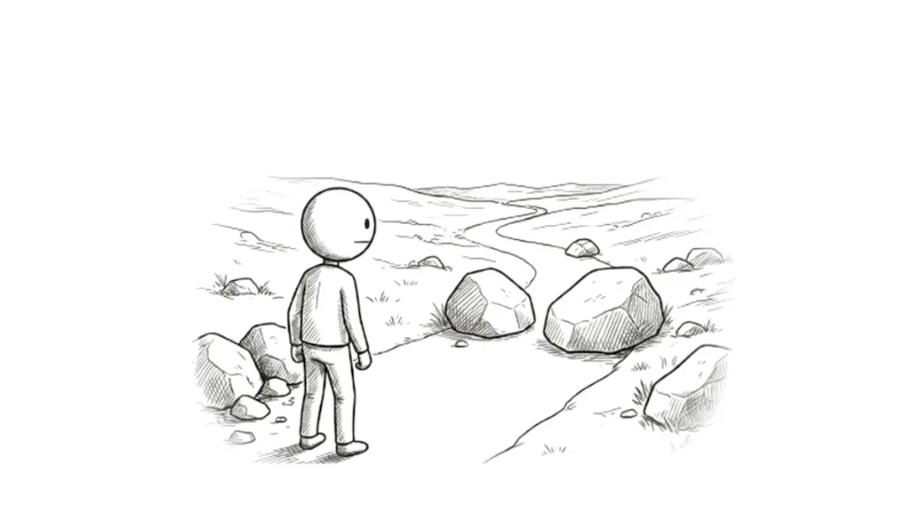 Schwarz-Weiß-Illustration eines Strichmännchens, das vor zwei großen Felsbrocken steht, die seinen Weg blockieren. Das Bild symbolisiert die Zen-Praxis der radikalen Akzeptanz (Arugamama) gegenüber unvermeidbaren Hindernissen im Leben.
