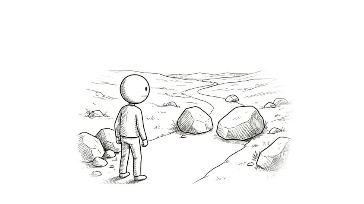 Schwarz-Weiß-Illustration eines Strichmännchens, das vor zwei großen Felsbrocken steht, die seinen Weg blockieren. Das Bild symbolisiert die Zen-Praxis der radikalen Akzeptanz (Arugamama) gegenüber unvermeidbaren Hindernissen im Leben.