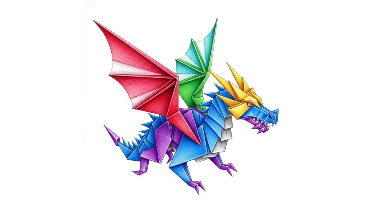 Buntstiftzeichnung eines farbenfrohen Origami-Drachens als Symbol für die irrationale Angst vor der Steuererklärung und das ‚Papiermonster‘ Prokrastination.