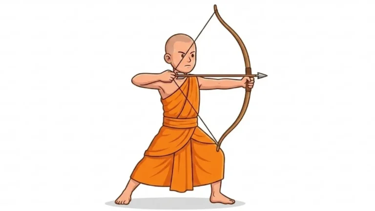 Zen-Mönch beim Kyudo-Bogenschießen vor grünem Hintergrund, symbolisch für fokussierte Absicht ohne Fixierung auf das Ziel.