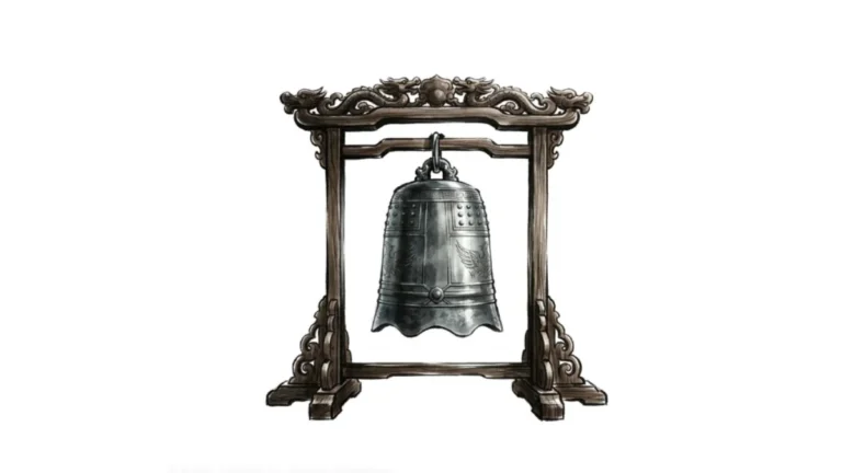 Detaillierte Sumi-e-Tuschzeichnung einer traditionellen asiatischen Tempelglocke, die an einem aufwendig geschnitzten Holzgestell mit Drachenmotiven hängt, auf weißem Hintergrund.