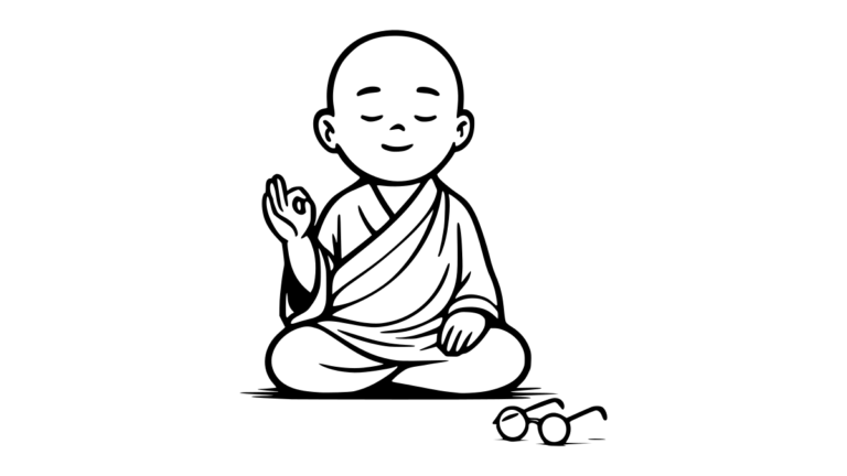 Strichzeichnung eines lächelnden Zen-Mönchs, der meditiert, nachdem er seine Brille – ein Symbol für das Ego – abgelegt hat.