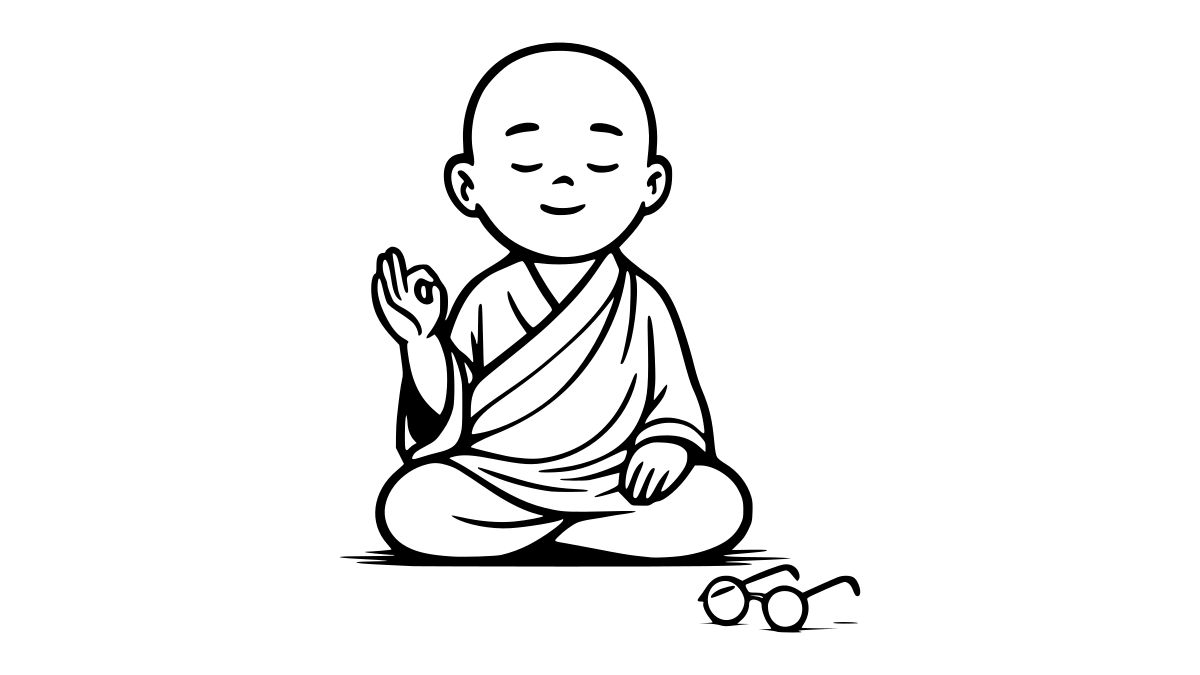 Strichzeichnung eines lächelnden Zen-Mönchs, der meditiert, nachdem er seine Brille – ein Symbol für das Ego – abgelegt hat.