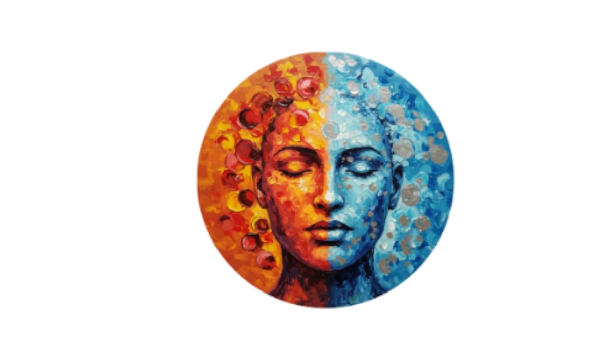 Illustration eines zweifarbigen Gesichts in einem Kreis, linke Seite warm (rot/orange), rechte Seite kühl (blau/silber) met abstrakten Bubbles und Pünktchen, Symbol für innere mentale Prozesse.